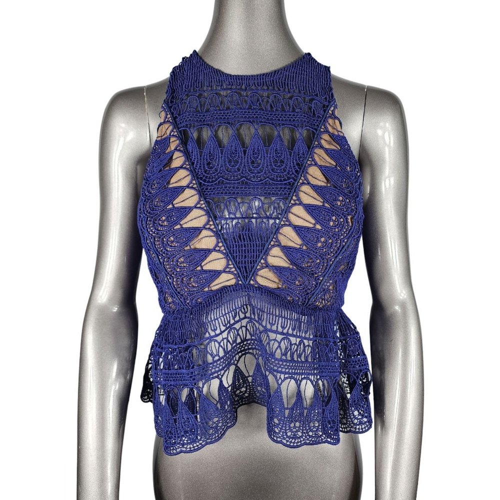 Self Portrait Blue Blouse Top Sheer Lace Cut Out Sleeveless Peplum 6 - Picture 3 of 8